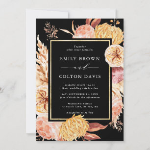 Black Boho Burgundy Terracotta Flowers Wedding Invitation