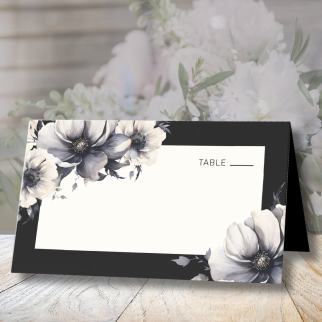 Black Boho Chic Floral Wedding Place Card (Black Floral Wedding Place Card)
