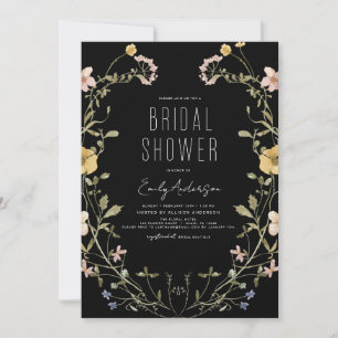 Black Boho Chic Wildflower Bridal Shower Elegant Invitation