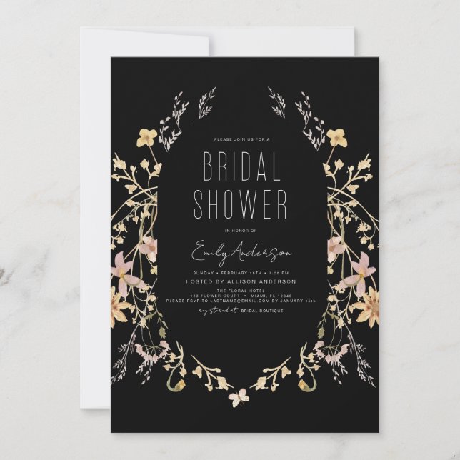 Black Boho Chic Wildflower Bridal Shower Elegant Invitation (Front)