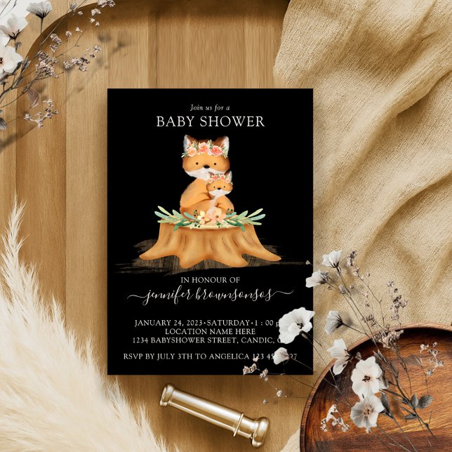 Black Boho Family Fox Mummy Baby Shower Invitation (Creator Uploaded)