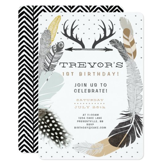 Black Boho Feather Birthday Invitation