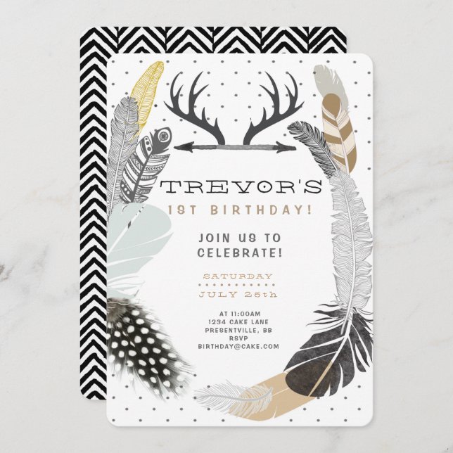 Black Boho Feather Birthday Invitation (Front/Back)