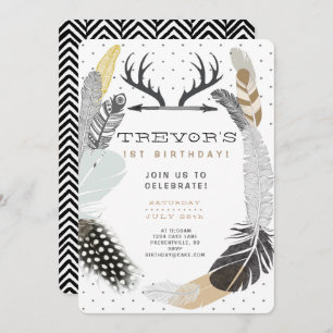 Black Boho Feather Birthday Invitation