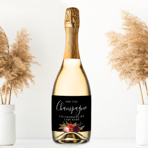 Black Boho Floral Bridal Shower Sparkling Wine Label
