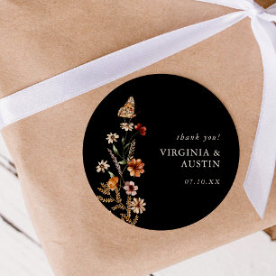 Black Boho Floral Classic Round Sticker