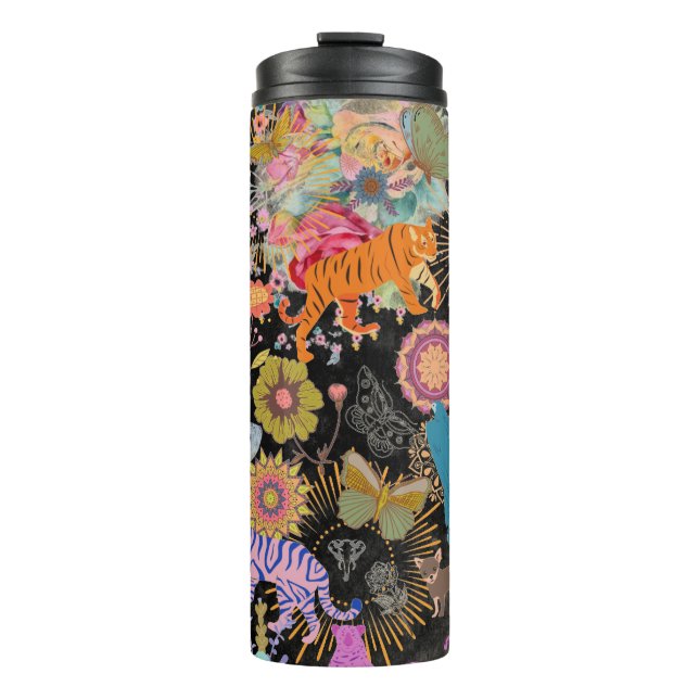 Black Boho Floral Nature Pattern Botanical Thermal Tumbler (Front)