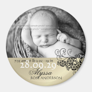 Black Boho Floral Paisley Birth Announcement Photo Magnet