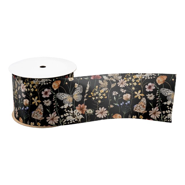 Black Boho Floral Ribbon Grosgrain Ribbon (Black Boho Floral Gift Wrapping Ribbon with Butterflies by Painted Paperie
)