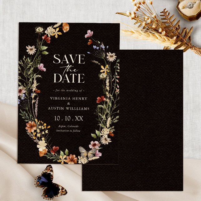 Black Boho Floral Save The Date (Black Boho Watercolor Floral Save The Date by Painted Paperie
)