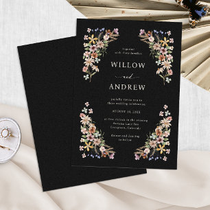 Black Boho Floral Wedding Invitation