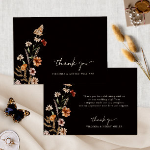 Black Boho Floral Wedding Thank You Card
