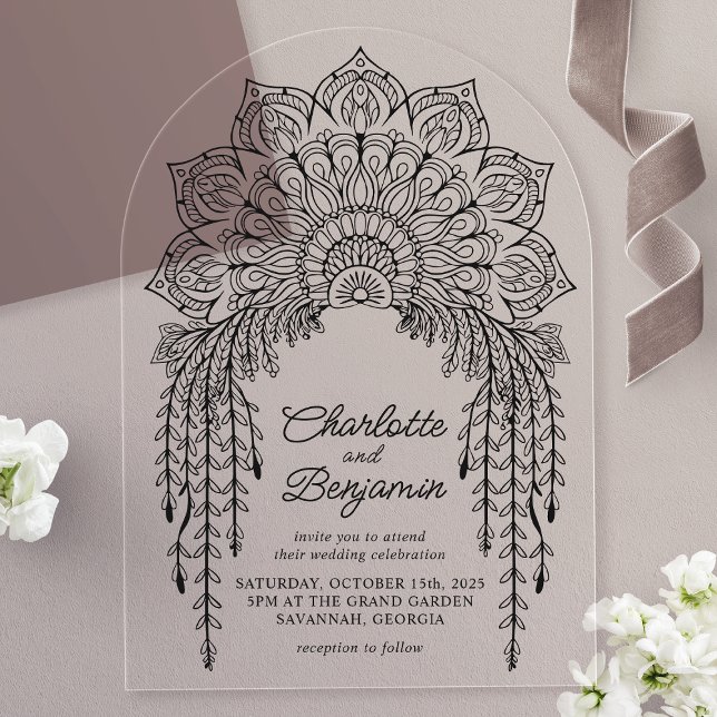 Black Boho Mandala Modern Wedding Acrylic Invitations (Creator Uploaded)