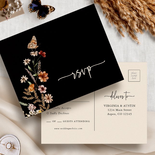 Black Boho RSVP Wedding Postcard (Black Floral  Boho RSVP Wedding Postcard with Butterfly by Painted Paperie
)