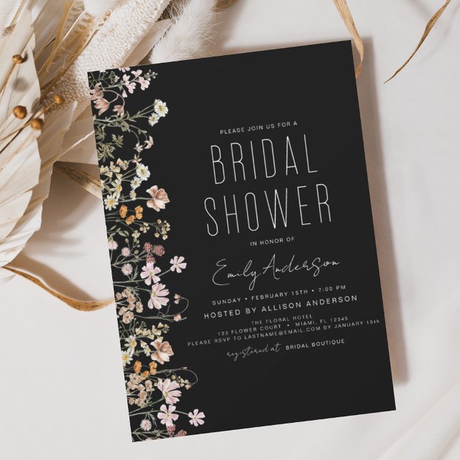 Black Boho Wildflower Bridal Shower Bloom Invitation (Creator Uploaded)