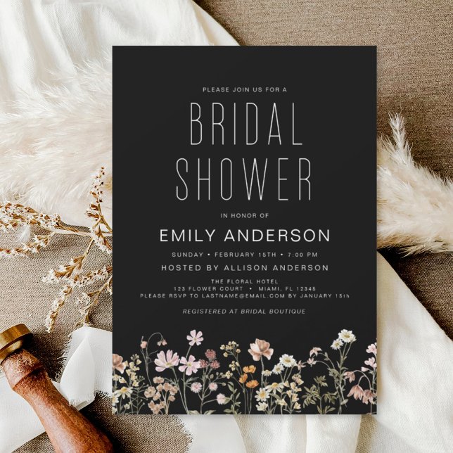 Black Boho Wildflower Bridal Shower Elegant Invitation (Creator Uploaded)