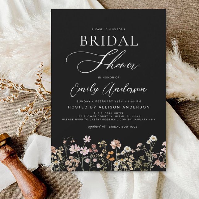 Black Boho Wildflower Bridal Shower Script Invitation (Creator Uploaded)