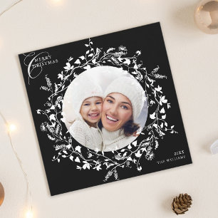 Black Boho Wildflower Christmas Photo Square Holiday Card