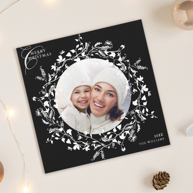 Black Boho Wildflower Christmas Photo Square Holiday Card (Creator Uploaded)