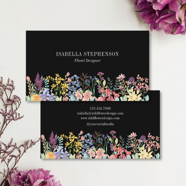 Black Boho Wildflower Watercolor Floral Business Card (Creator Uploaded)