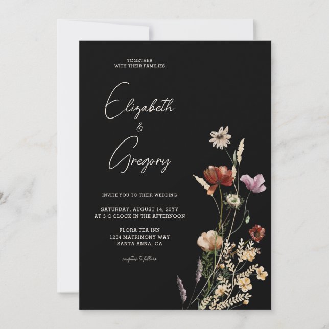 Black Boho Wildflower Wedding Invitation (Front)