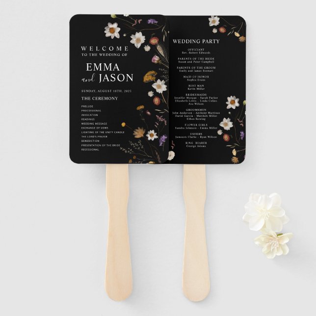 Black Boho Wildflower Wedding Thank You Sticker Hand Fan (Front and Back)