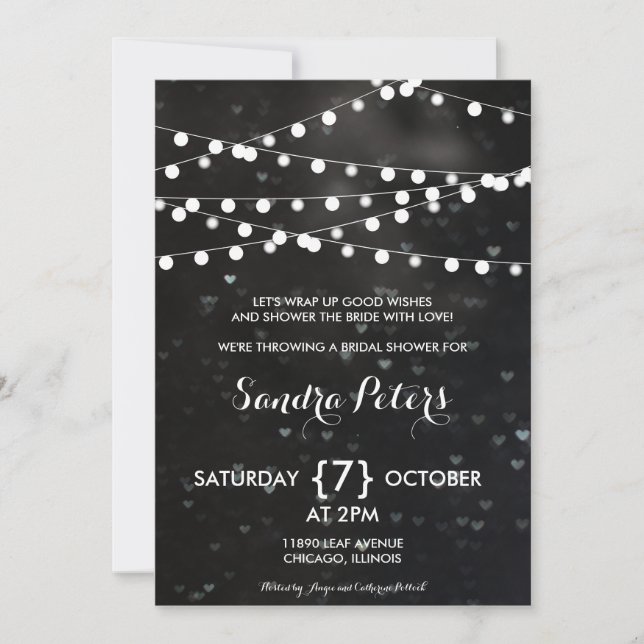 Black Bokeh String of Lights Bridal Shower Invite (Front)