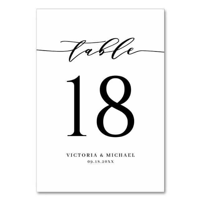 Black Bold and Simple Minimalist Script Wedding Table Number (Front)