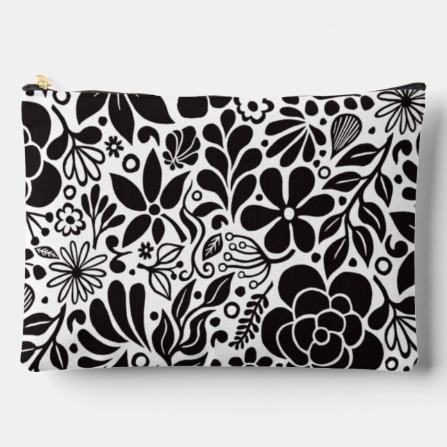 Black Bold Flowers & Leaves Garden White Accessory Pouch (Front)