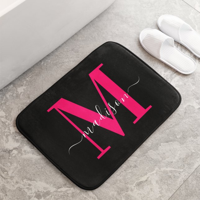 Black & Bold Hot Pink Monogram Initial Girly  Bath Mat (Creator Uploaded)