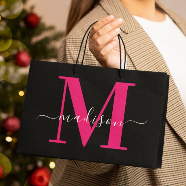 Black & Bold Hot Pink Monogram Initial Girly  Large Gift Bag (Creator Uploaded)
