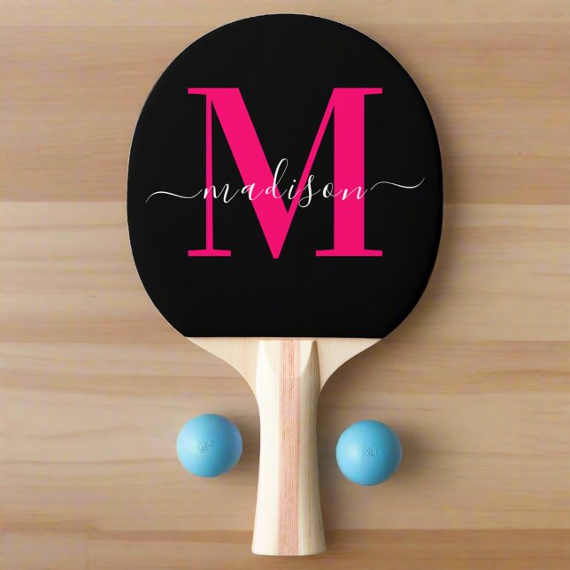 Black & Bold Hot Pink Monogram Initial Girly   Ping Pong Paddle (Creator Uploaded)