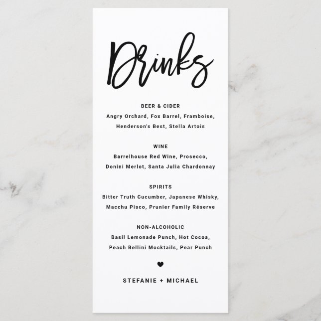 Black Bold Modern Calligraphy Wedding Drinks Menu (Front)