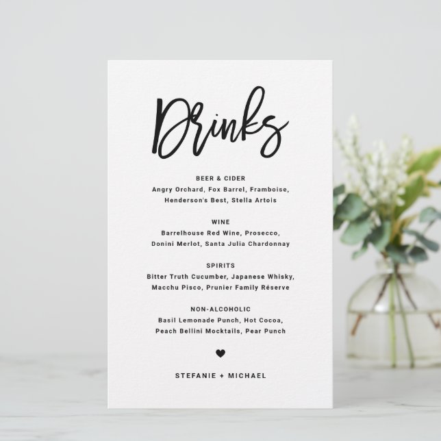 Black Bold Modern Calligraphy Wedding Drinks Menu (Standing Front)