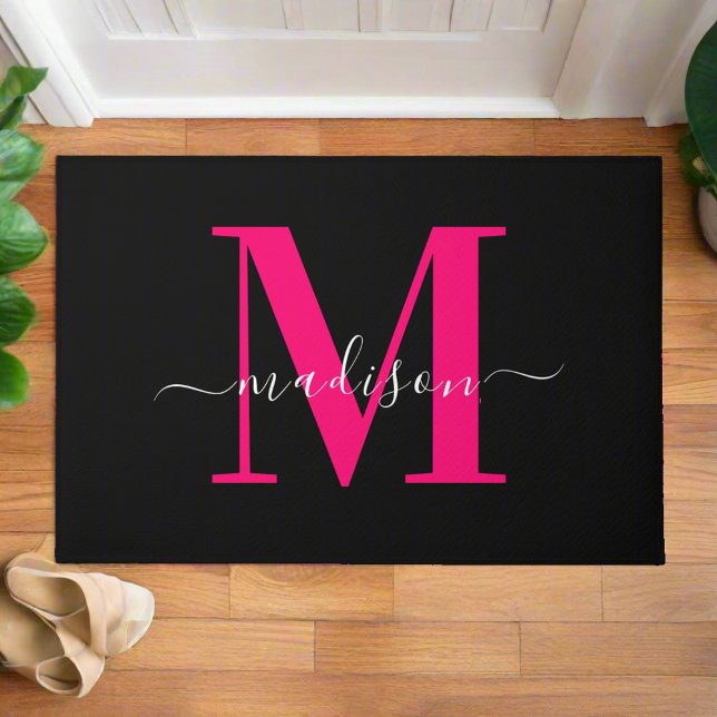 Black & Bold Pink Monogram Initial Family Name  Doormat (Creator Uploaded)