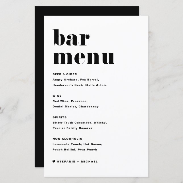 Black Bold Retro Typography Wedding Bar Menu (Front/Back)
