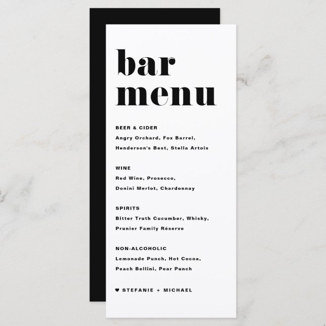 Black Bold Retro Typography Wedding Bar Menu (Front/Back)