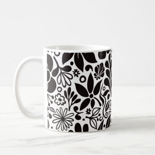 Black Bold Wild Flowers & Leaves on Aqua Coffee Mug (Left)