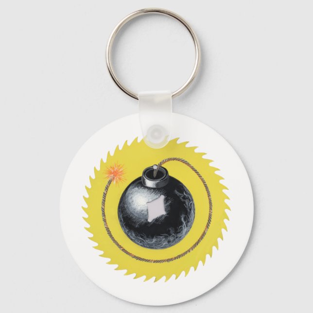 Black Bomb Burning Fuse on Yellow Key Ring (Front)