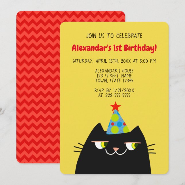 Black Booo The Cat , Funny Black 1st Birthday Invitation (Front/Back)