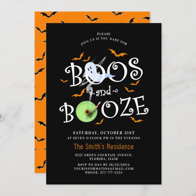 Black Boos & Booze Halloween Party Invitation (Front/Back)