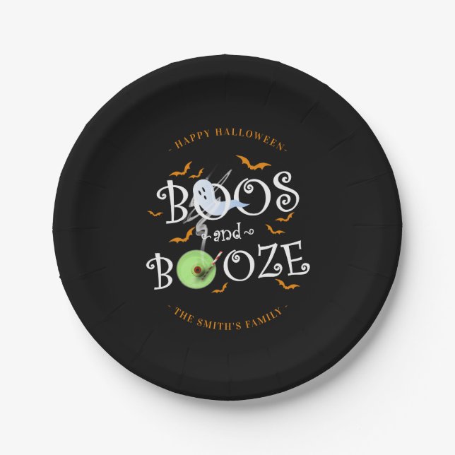 Black Boos & Booze Halloween Party Paper Plate (Front)