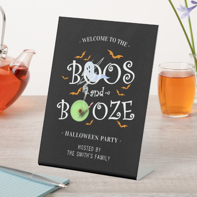 Black Boos & Booze Halloween Party Pedestal Sign (In SItu)