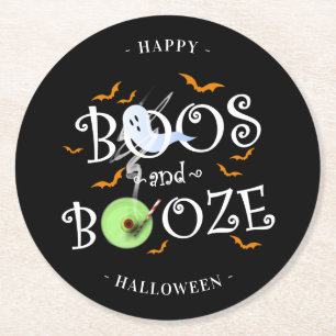 Black Boos & Booze Halloween Party Round Paper Coaster