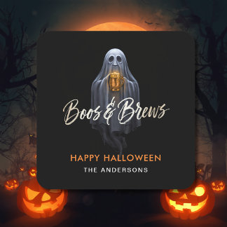 Black Boos & Brews Ghost Halloween Square Sticker