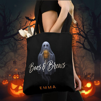 Black Boos & Brews Ghost Halloween Tote Bag