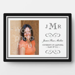 Black border classy monogram graduation photo plaque