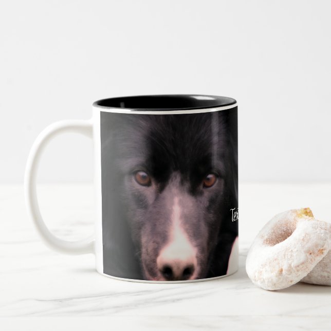Black Border Collie Face Personalised Two-Tone Coffee Mug (With Donut)