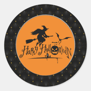 Black Border Happy Halloween Witch And Bats Classic Round Sticker
