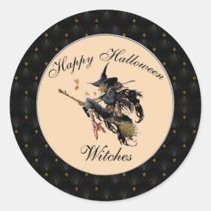 Black Border Happy Halloween Witches Classic Round Sticker